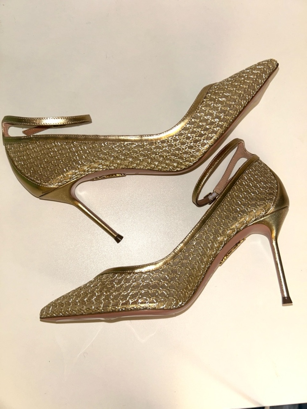 Aquazzura Asha Mesh Pump 85 Metallic Gold Pointed Toe AUTHENTIC - Picture 6 of 11